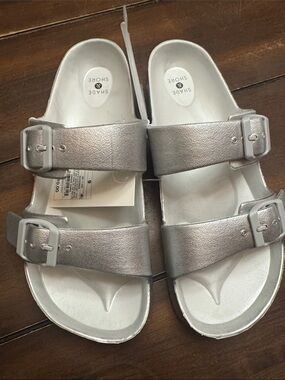 Shade & Shore Metallic Silver Double Buckle Slides size 9